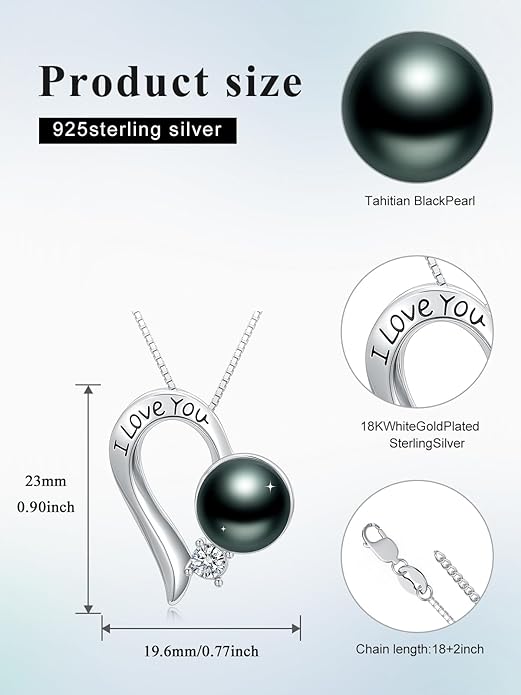 Tahitian Black Pearl 18K White Gold Plated Sterling Silver Heart/Infinity/Four Leaf Clover Pendant Necklace Jewelry Gifts for Women Wife Mom Girlfriend Wedding Birthday Anniversary Christmas
