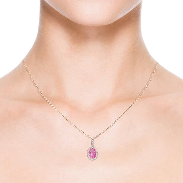 Angara Natural Pink Sapphire Pendant for Women | Vintage Style Oval Pink Sapphire Halo Pendant in 14K Solid Gold/Platinum With 18" Chain | Birthday, Anniversary, Gemstone Jewelry Gift