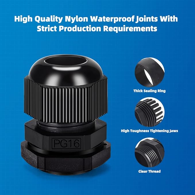 Cable Gland 20 Pack Plastic Waterproof Adjustable Connector 9-14mm PG16 Strain Relief Cord Connectors Joints Nylon with Gaskets