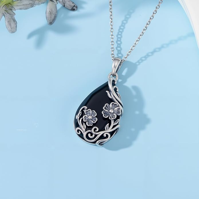 Black Onyx Necklace 925 Sterling Silver Flower Insect Pendant Teardrop Onyx Jewelry Valentines Day Birthday Gifts for Women