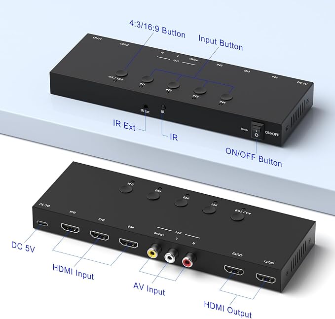 Y.D.F (3 HDMI 2.0 + 1 RCA) to 2 HDMI Converter (4 In 2 Out, 2 Outputs Can Simultaneous Display) Switcher Splitter Support 4:3/16:9 Switching for N64 NGC Wii Xbox PS2/3/4/5 Switch Apple TV Fire TV Roku
