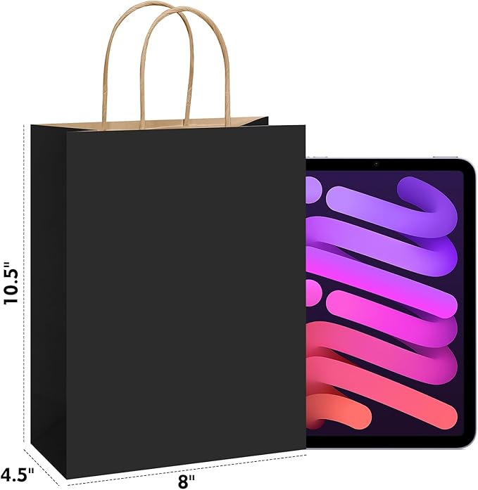 REMTAP Gift Paper Bags 8×4.5×10.5 50Pcs Kraft Bags with Handles Bulk Gift Bag for Wedding Party Craft Retail Packaging, Shopping, Party Favor, Retail Bag (Black-M-50pcs, 8 * 4.5 * 10.5)