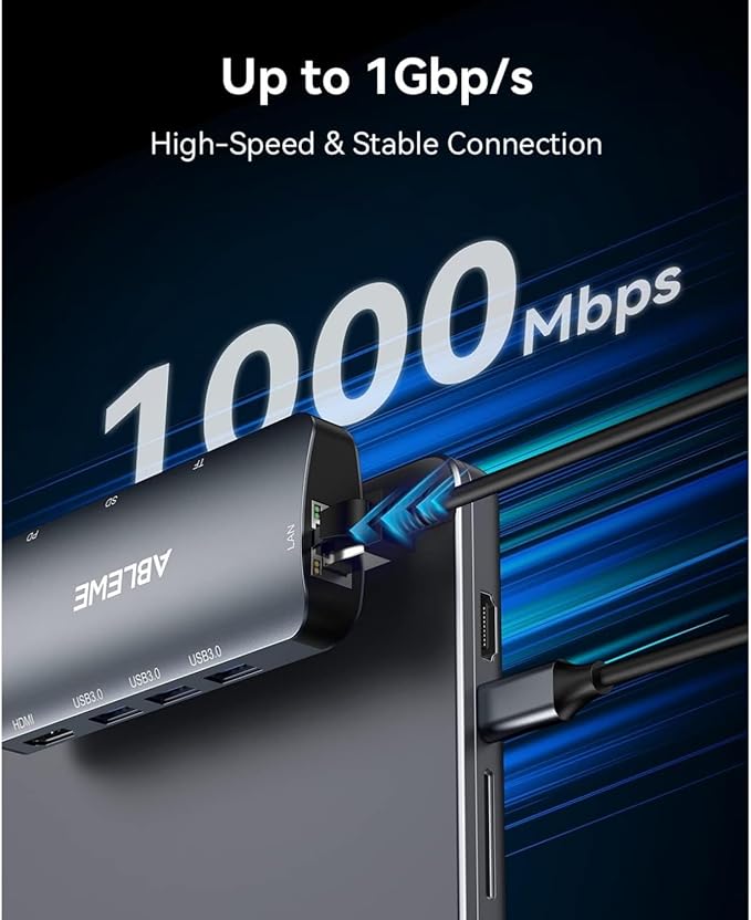 ABLEWE USB C Hub Ethernet, 8 in 1 Multiport USB C to HDMI Adapter 4K@60Hz,1000Mbps, 100W PD, SD/TF Card Reader, 3 USB 3.0 Ports, Docking Station Compatible for MacBook, Tablet, Phone, Type C Devices