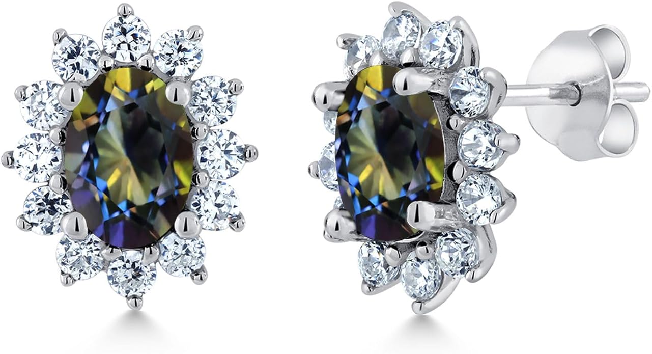 Gem Stone King 7X5MM Oval Gemstone Birthstone Stud Earrings For Women | Princess Diana Royal Halo Style | 925 Sterling Silver | Fine Jewelry Gifts for Anniversary Wedding Her Mom Women Wife