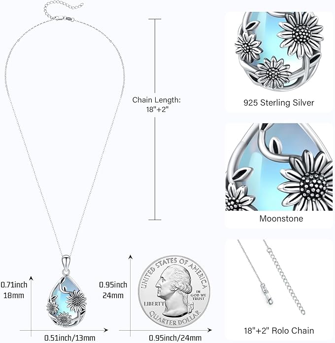 JUSTKIDSTOY Moonstone Necklace 925 Sterling Silver Teardrop Pendant Necklace Jewelry Gifts for Women Girls