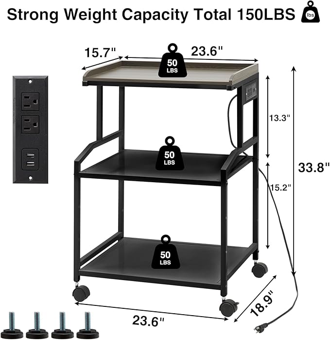 Lauren&Harold 34'' Printer Stand with Power Outlets & USB Ports, 3-Tier Adjustable Rolling Cart, Heavy Duty 150LBS Storage Table with Wheels for Office, Kitchen, Living Room, Black
