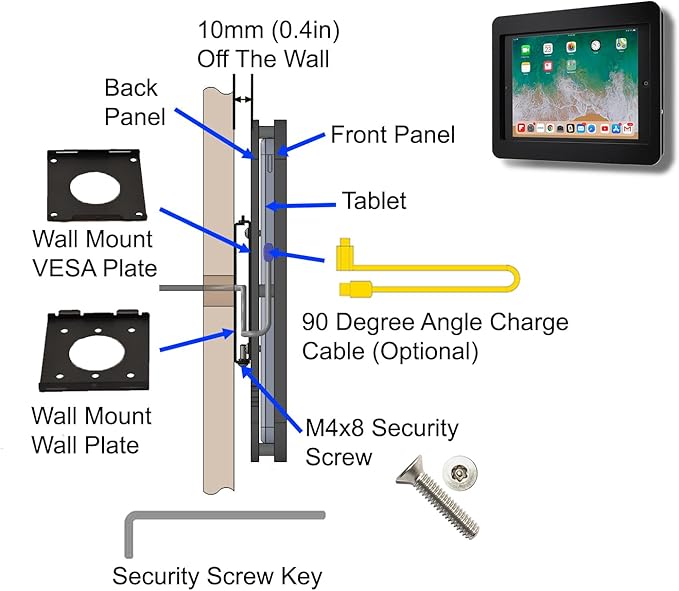 TABcare Anti-Theft Acrylic VESA Enclosure for Apple iPad Pro 11" 2024 (5th gen) with Free Wall Mount Kit & 90-Degree Angle USB C Cable (iPad Pro 11 2024, Clear)