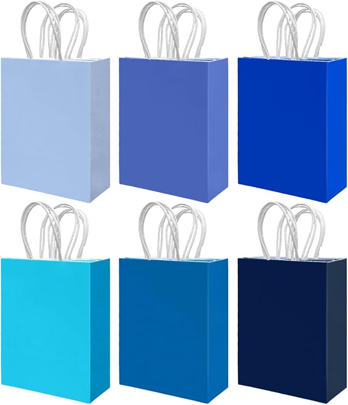 qiqee 30PCS Medium Gift Bag with Handles Bulk 11"x5"x8" Gift Bags 6 Different Blue Color Bags Multiple Uses (Medium Size)