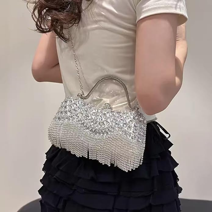 4-piece set of handcrafted fringed diamond-encrusted wedding ladies' crossbody handbag, necklace, earrings, bracelet, dinner bag, party ball bag, birthday and wedding, evening dress bag