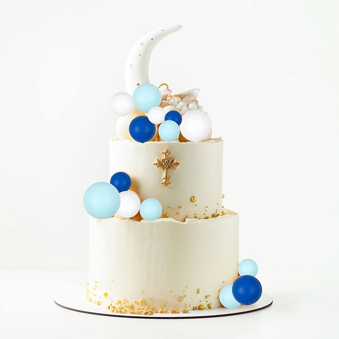 Gyufise 30Pcs Ball Cake Picks Colorful Ball Shaped Cake Topper Mini Balloons Pearl Balls Cupcake Picks Ball Cake Insert Topper for Birthday Party Wedding Decoration Supplies Blue White Dark Blue