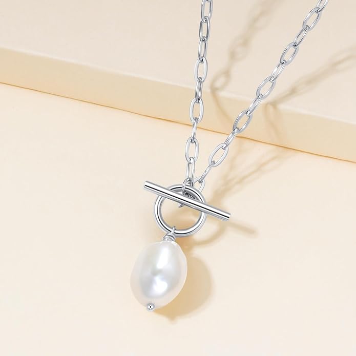 Baroque Pearl Pendant Necklaces for Women, 14K Gold Sliver Plated Adjustable Chain Toggle Clasp Necklace Women Anniversary Jewelry for Mothers Day Christmas Birthday Valentine's Day Gifts (14k Gold)