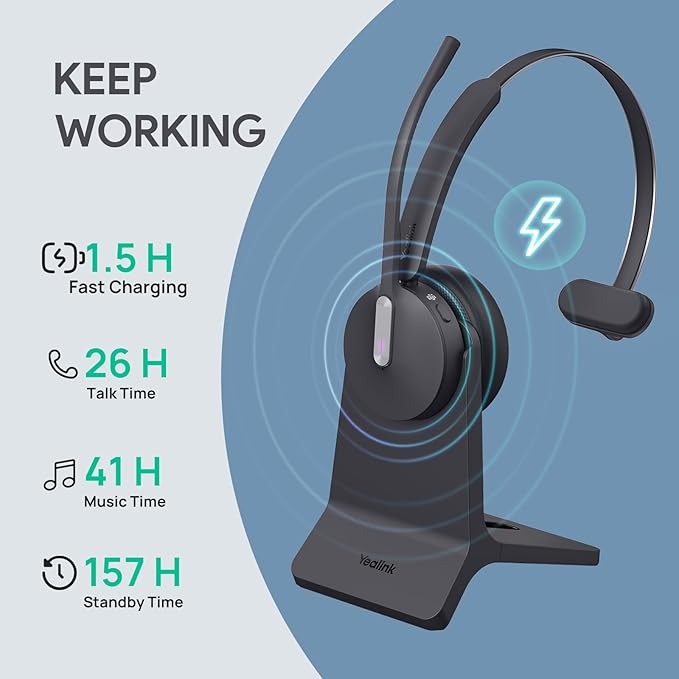 Yealink WH64 Hybrid Wireless Headset Dongle & Charging Stand, 492ft Range DECT&Bluetooth Headphones for Teams, Zoom UC,Single Ear Noise Cancelling Portable Headsets with 3X Mic, 26H Calls,(PC/Phone)