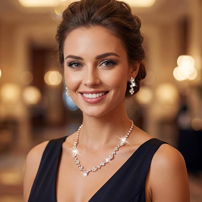 Unicra Bride Crystal Necklace Earrings Set Bridal Wedding Jewelry Sets Rhinestone Choker Necklace Costume Jewelry Set for Women and Brides (3 piece set - 2 earrings and 1 necklace)