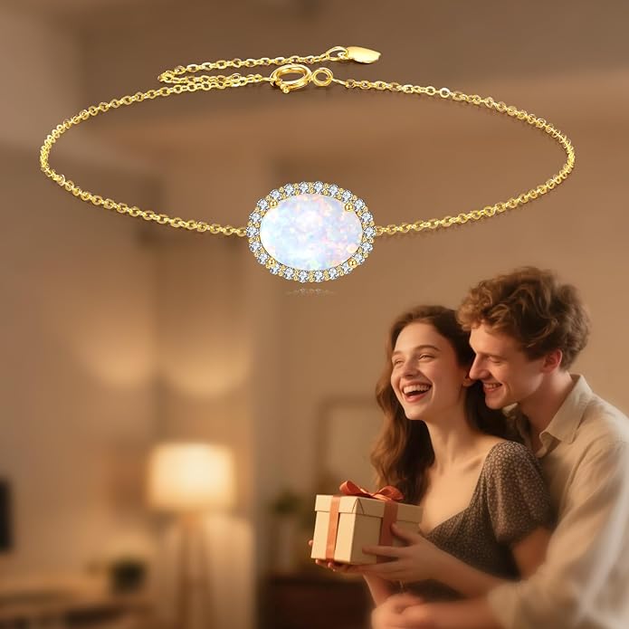 DOVRAN 14K Solid Gold Opal Bracelet Real Yellow Gold Round Opal Cubic Zirconia Bracelet Delicate Jewelry Birthday Gifts for Wife Mom