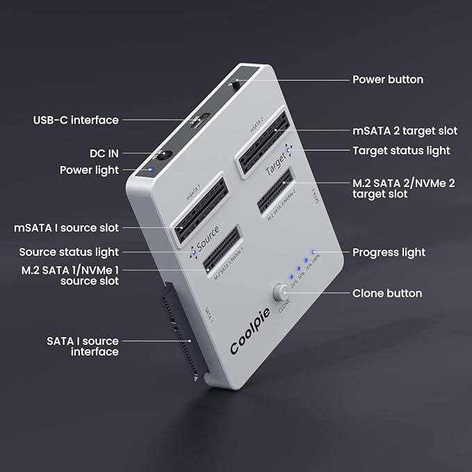 CR311 3-in-1 SSD Cloner, USB3.2 Gen2*2 M.2 Reader, Supports M.2 NVMe/SATA, SATA 2.5''/3.5'' HDD