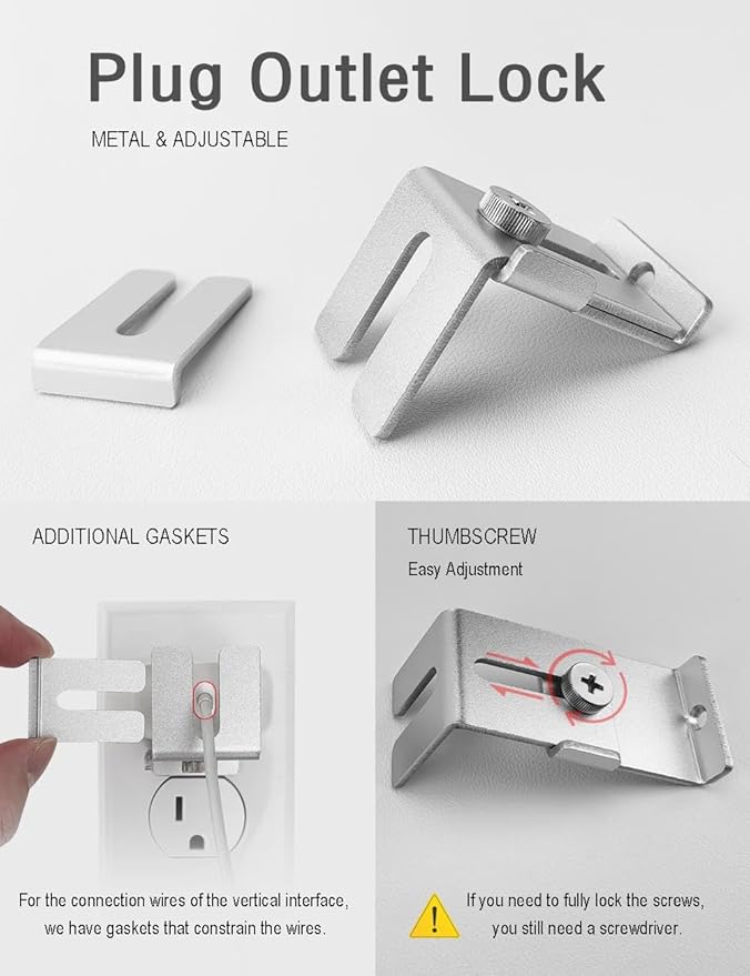 Charger Lock to Outlet, ILIVABLE Adjustable Metal Outlet Lock, Firmly Secures Power Plug from Unplugging (Silver, 1 Pack)
