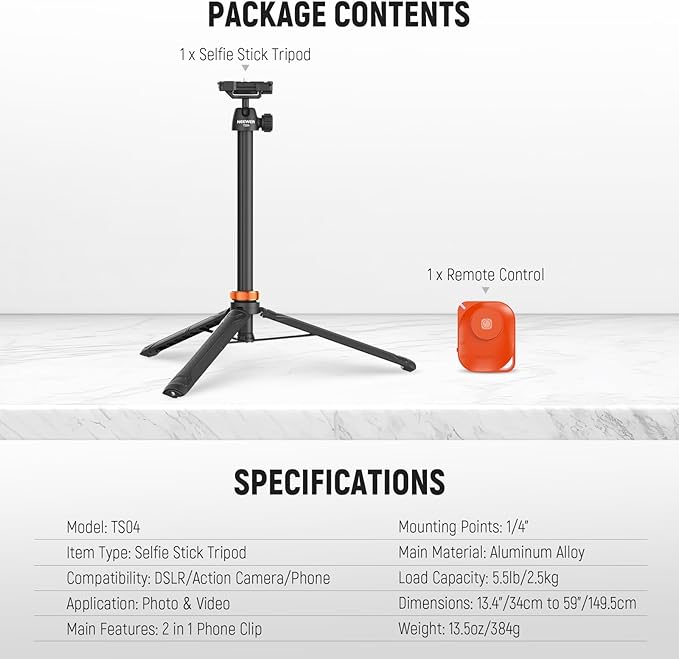 NEEWER BASICS 59"Selfie Stick Tripod Compatible with iPhone & DLSR Camera, Small Metal Compact Portable Travel Desk Stand with Remote Ball Head 2in1 Cell Phone Holder Mount for Video Recording Filming