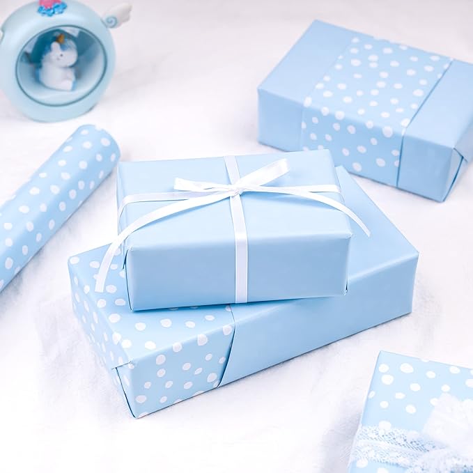 WRAPAHOLIC Reversible Wrapping Paper - Mini Roll - 30 Inch x 33 Feet - Light Blue and Delicate Polka Dot Wrapping Paper for Baby Shower, Birthday, Wedding, Holiday