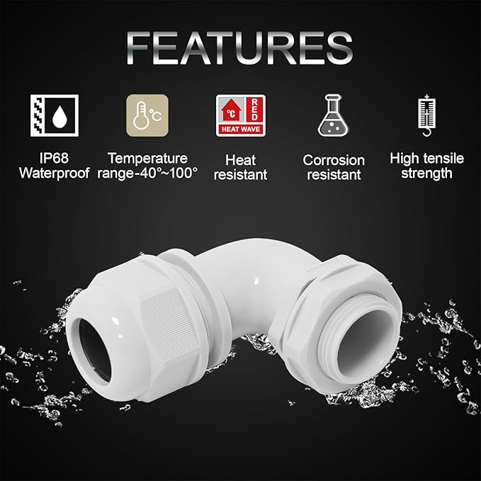 LeMotech M12 Cable Gland, 90 Degree Adjustable 4-8mm Strain Relief, Cord Connectors Nylon Joints with Gaskets, 2 Pcs, Grey