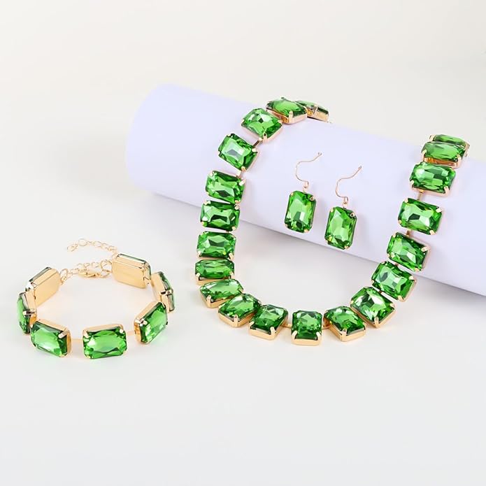 KOSMOS-LI Rectangle Faux Crystal Jewelry Sets Includ Necklace Bracelet Earrings For Women Stocking Stuffers