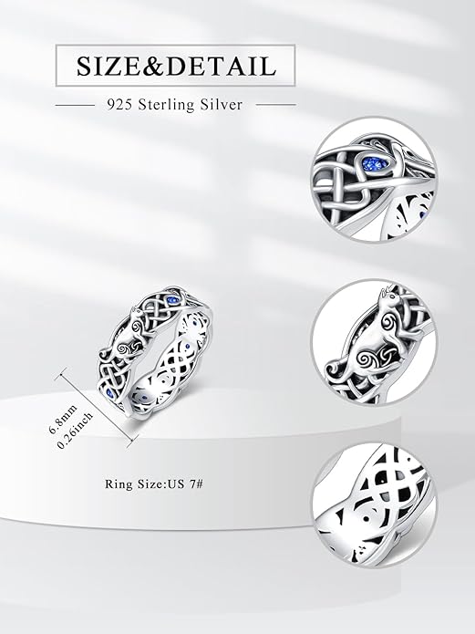 Seiyang Celtic Cat Ring 925 Sterling Silver Irish Trinity Knot Celtic Cat Wedding Promise Ring with 12 Months Birthstone Irish Lucky Jewelry Gifts for Women Mom Her