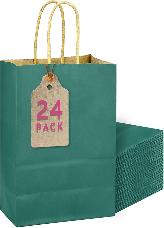 qiqee Peacock Green Gift Bag with Handles Bulk 24Pcs Paper Bags -10.6"x8.3"x4.3"Party Favor Bags - Solid Color
