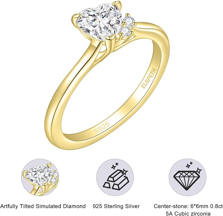 Elspeth 925 Sterling Silver Heart Engagement Ring for Women Heart Cut Cubic Zirconia Promise Ring Size 4-10