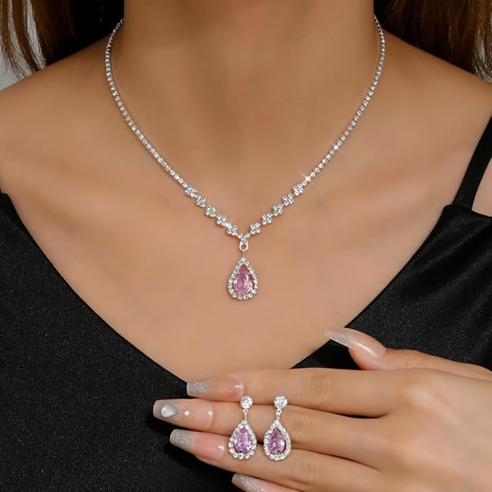 Sparkling Teardrop Halo Bridal Necklace Earrings Set For Women Statement Classic Silver Colors Adjustable Choker Style Chain