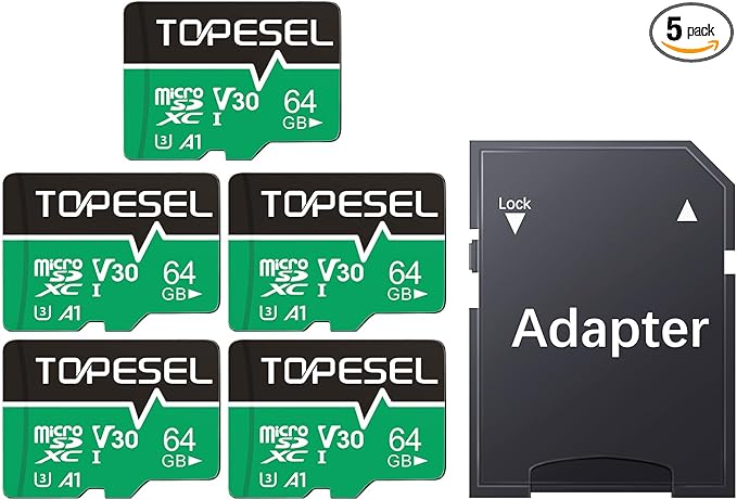 TOPESEL Micro SD Card high Speed 90mb per Second TF Card 4K Recording Memory Card with Adapter (5 Pack, 64, GB)