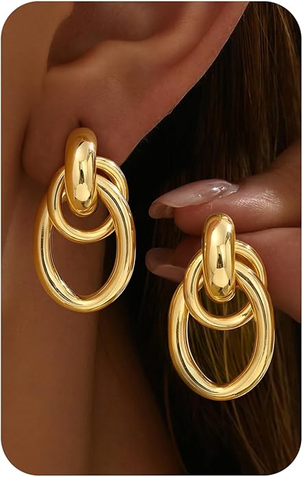 14K Gold Plated Knot Statement Earrings for Women Hypoallergenic Chunky Drop Dangle Earrings - Lightweight Fashion Accessories Gold Jewelry Gifts for Womens Trendy