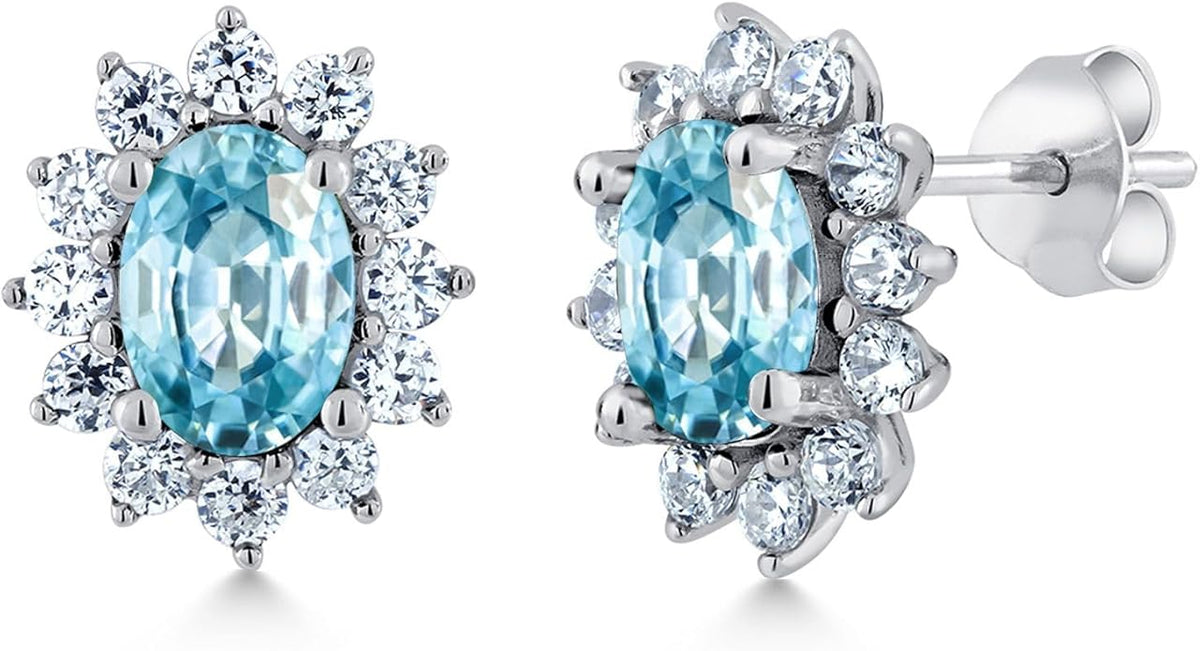 Gem Stone King 7X5MM Oval Gemstone Birthstone Stud Earrings For Women | Princess Diana Royal Halo Style | 925 Sterling Silver | Fine Jewelry Gifts for Anniversary Wedding Her Mom Women Wife