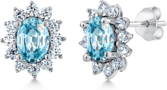 Gem Stone King 7X5MM Oval Gemstone Birthstone Stud Earrings For Women | Princess Diana Royal Halo Style | 925 Sterling Silver | Fine Jewelry Gifts for Anniversary Wedding Her Mom Women Wife