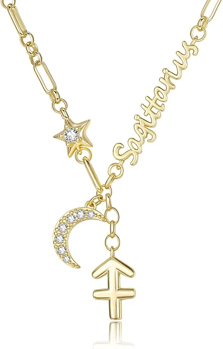 14K Gold/Rose Gold Zodiac Necklace for Women - Horoscope Constellation Pendant with Moon and Star, Luxury Birthday Gifts Jewelry for Her (12 Zodiac Signs)