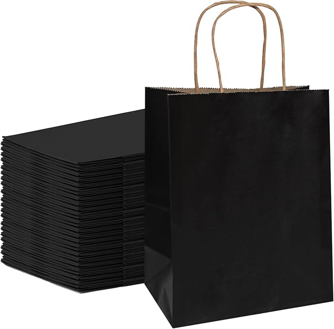 FACEBAG 100 Pack Medium 8x4.25x10.5 inch Black Gift Paper Bags with Handles Bulk, Kraft Bags, Craft Grocery Shopping Retail Party Favors Wedding Bags