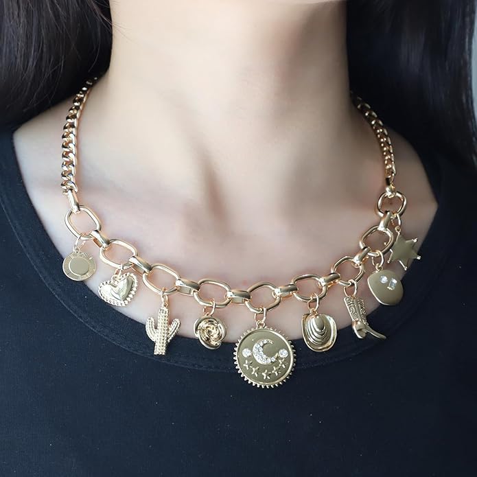 MISS RIGHT Dainty Gold Evil Eye Hamsa Hand Coin Lucky Charm Pendant Necklace for Women Trendy Vintage Paperclip Chain Sun Moon Clover Flower Chunky Charm Necklace Jewelry Gifts