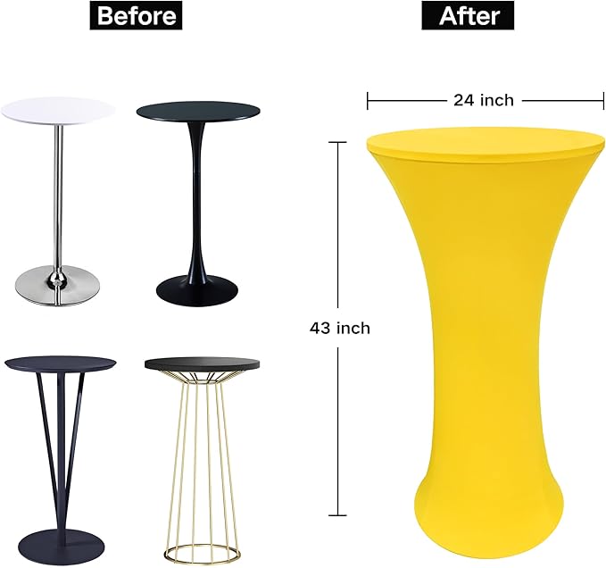 2PCS 24x43 Inch Round Fitted Cocktail Table Cover Yellow Spandex Cocktail Table Cloth Highboy Fitted Tablecloth High Top Table Cloths for Party Pub Banquet Bistro