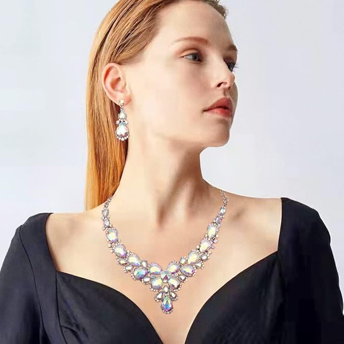Women's Wedding Bridal Austrian Crystal Glass Teardrop Statement Necklace Dangle Earrings Bracelet Ring Wedding Party Jewelry Set for Bridal Bridesmaid