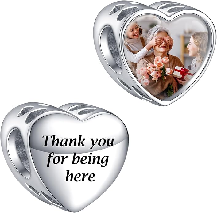 Annmors Personalized Photo Charms For Bracelets/Necklace 925 Sterling Silver Love Heart Shaped Engraved Customize Picture Gift for Birthday Mother's Day,Bead Charms Jewelry for Women