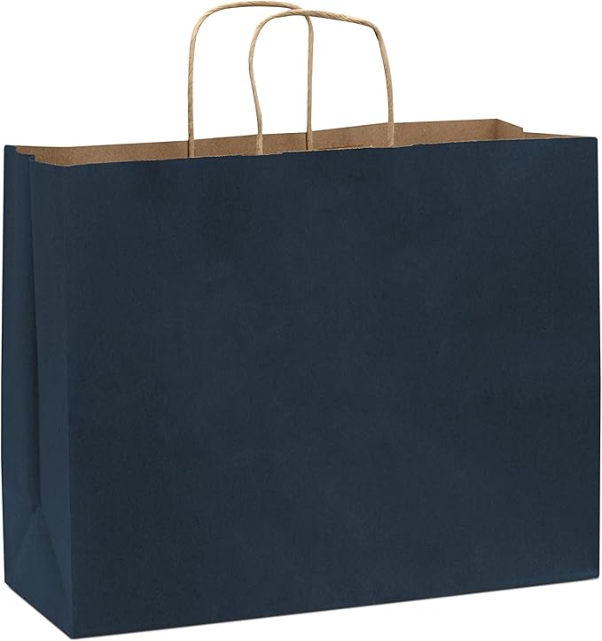 Prime Line Packaging Paper Gift Bags, Navy Blue Kraft Paper Bags with Handles, Shopping Bags for Small Business, Retail Use, Birthday Parties, Restaurants, Take-Out, Merchandise, Bulk, 16x6x12, 100 Pack