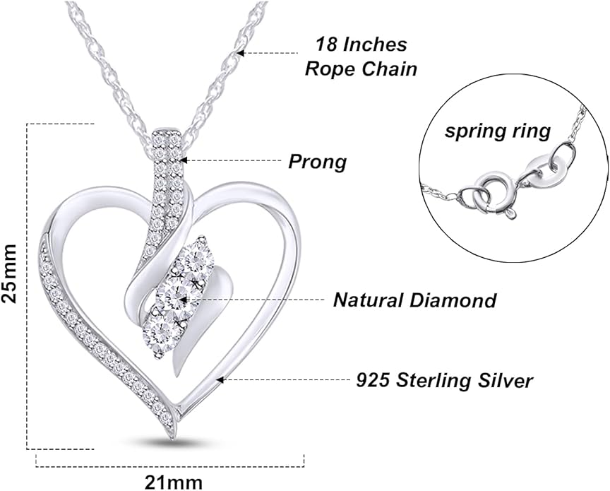 3 Stone Heart Pendant Necklace for Women in 14K Gold Over 925 Sterling Silver, Natural Diamond, Moissanite or Lab-Grown Diamond (0.25 Ct), Dainty Jewelry Gift with 18" Chain for Her Valentine’s Day