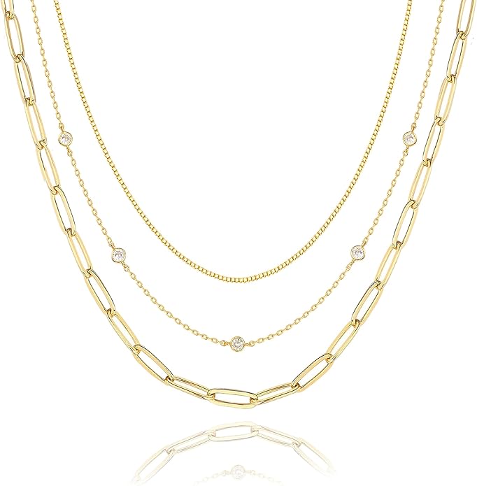 Layered Necklaces for Women, Dainty Gold Necklace Stack 14k Gold Plated Layering Cubic Zirconia Choker Necklaces for Women Trendy Simple Layered Gold Necklace Set Fashion Jewelry