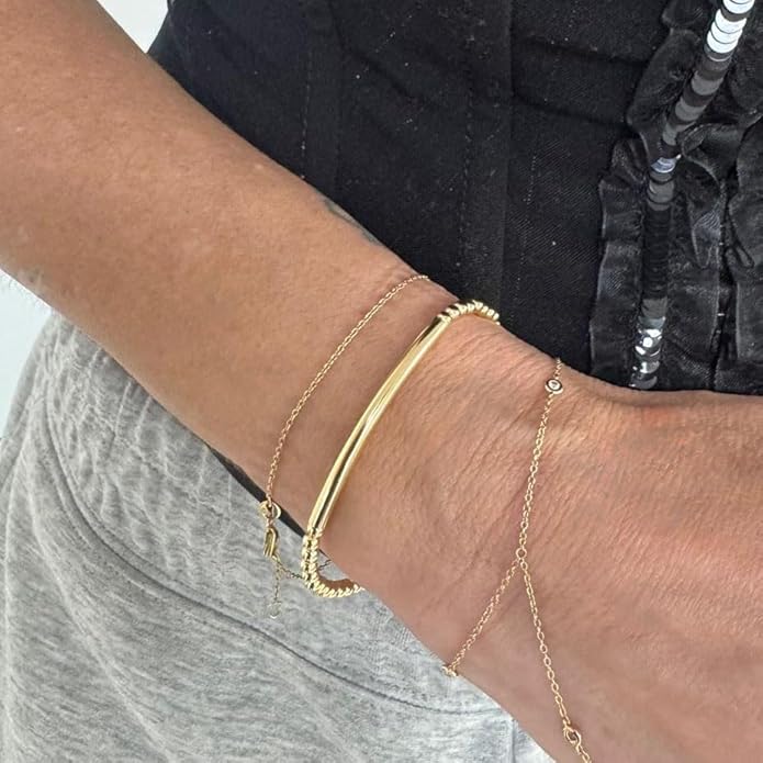 Anela 14kt Gold Filled Beaded Stretch Bracelet with Tube Pendant, Tarnish Free Water Resistant Stacking Jewelry for Women