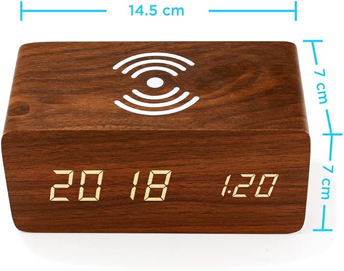 OCT17 Alarm Clock with Qi Wireless Charging Pad Compatible with iPhone Samsung Wood LED Digital Clock Sound Control Function, Time Date, Temperature Display for Bedroom Office Home- Brown