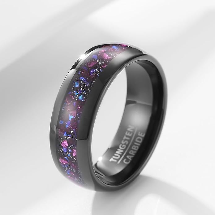 Women‘s Solid Opal-Effect Band Ring, Multicolor Inlay on Black Tungsten, 8mm Wide Substantial Ring