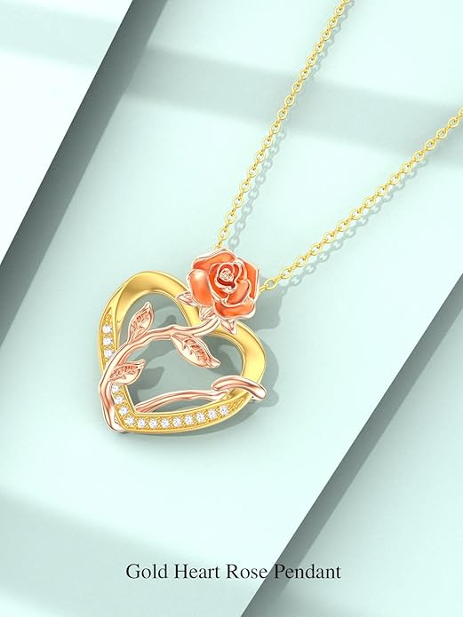 14K Solid Gold Rose Flower/Sunflower Necklaces for Women Flower Heart Pendant Necklace Love Sunshine Jewelry Anniversary Valentine's Day Birthday GiftS for Women Wife Girlfriend Her Mom