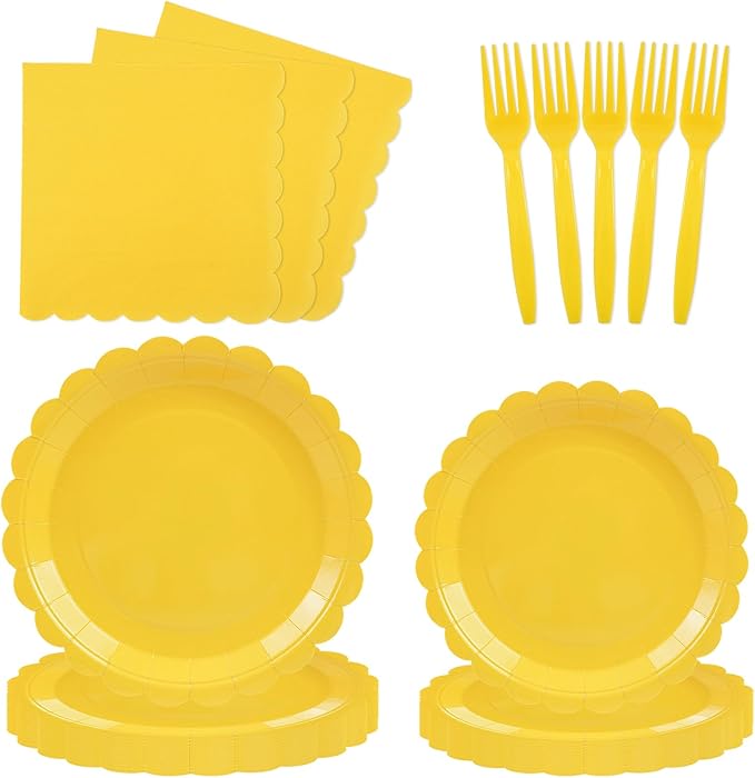 96PCS Yellow Paper Plates and Napkins, 24 Guest Light Yellow Disposable Tableware Set Include Scalloped Paper Plates Napkins and Forks Decoration Party Supplies for Birthday Wedding Baby Shower