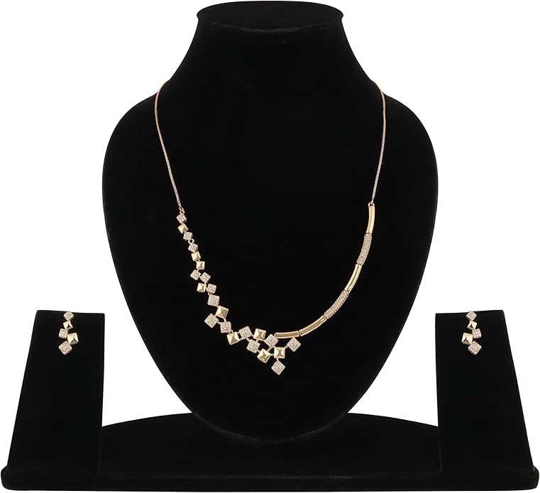 Nilu's Collection American Diamond Stone Studded | Rose Gold/Silver Plated | Anti Tarnish Jewellery Set for Women | Matching Earrings Perfect for Weddings and Special Occasions