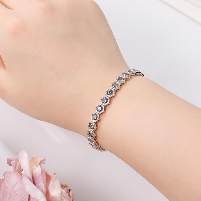 Birthstone Tennis Bracelets for Women Birthday Gifts 925 Sterling Silver Hexagon White Gold Bracelets Round Cut 5A Cubic Zirconia Prong Setting 7 Inch Anniversary Jewelry Gift