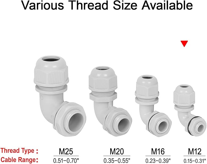 LeMotech M12 Cable Gland, 90 Degree Adjustable 4-8mm Strain Relief, Cord Connectors Nylon Joints with Gaskets, 2 Pcs, Grey
