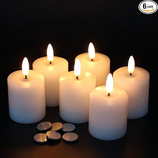 GenSwin Flameless Pillar Candles Flickering with Timer, Battery Operated Real Wax LED Votive 3D Wick Candles 6 Pack White(Battery Include, 2 x 3.2 Inch)